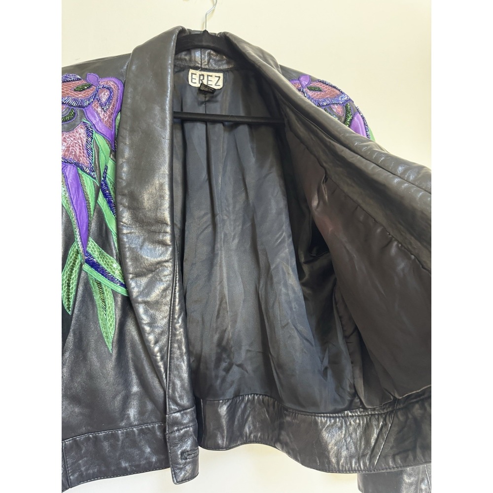 Vtg 80's Erez Flaming Irises Leather Jacket M Moto Snakeskin Trim Colorful Art - Picture 10 of 16